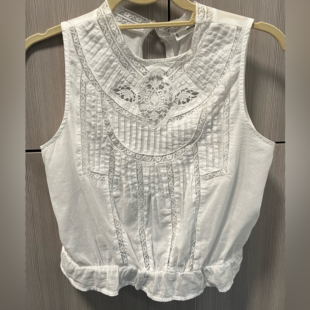 Mango XS White Sleeveless Lace Detail top